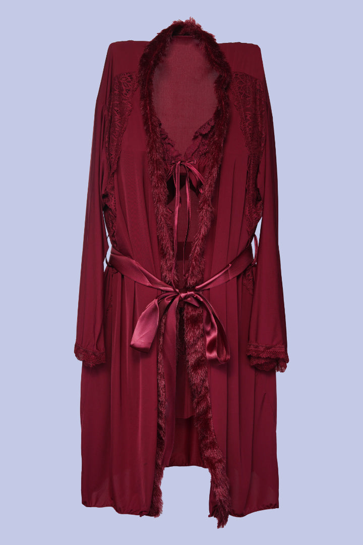 AXTZH Romantic Nightwear Set for Women with Satin Robe, Matching Slip and Innerwear X8027-MERLOT-NSS3PM