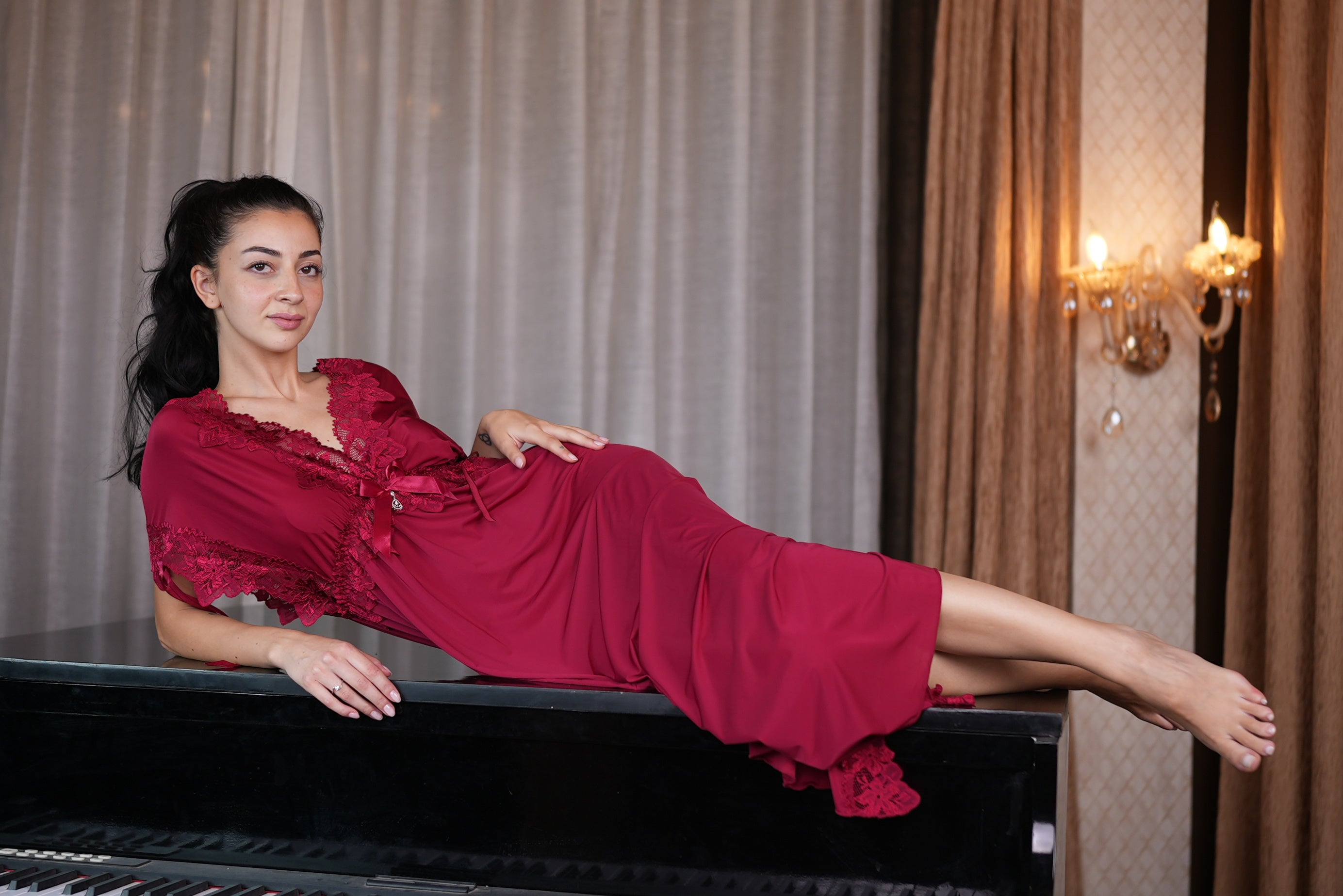 AXTZH Elegant Long Nightwear for Women with Delicate Lace Detailing and Flowing Silhouette X2501-MERLOT-F2M