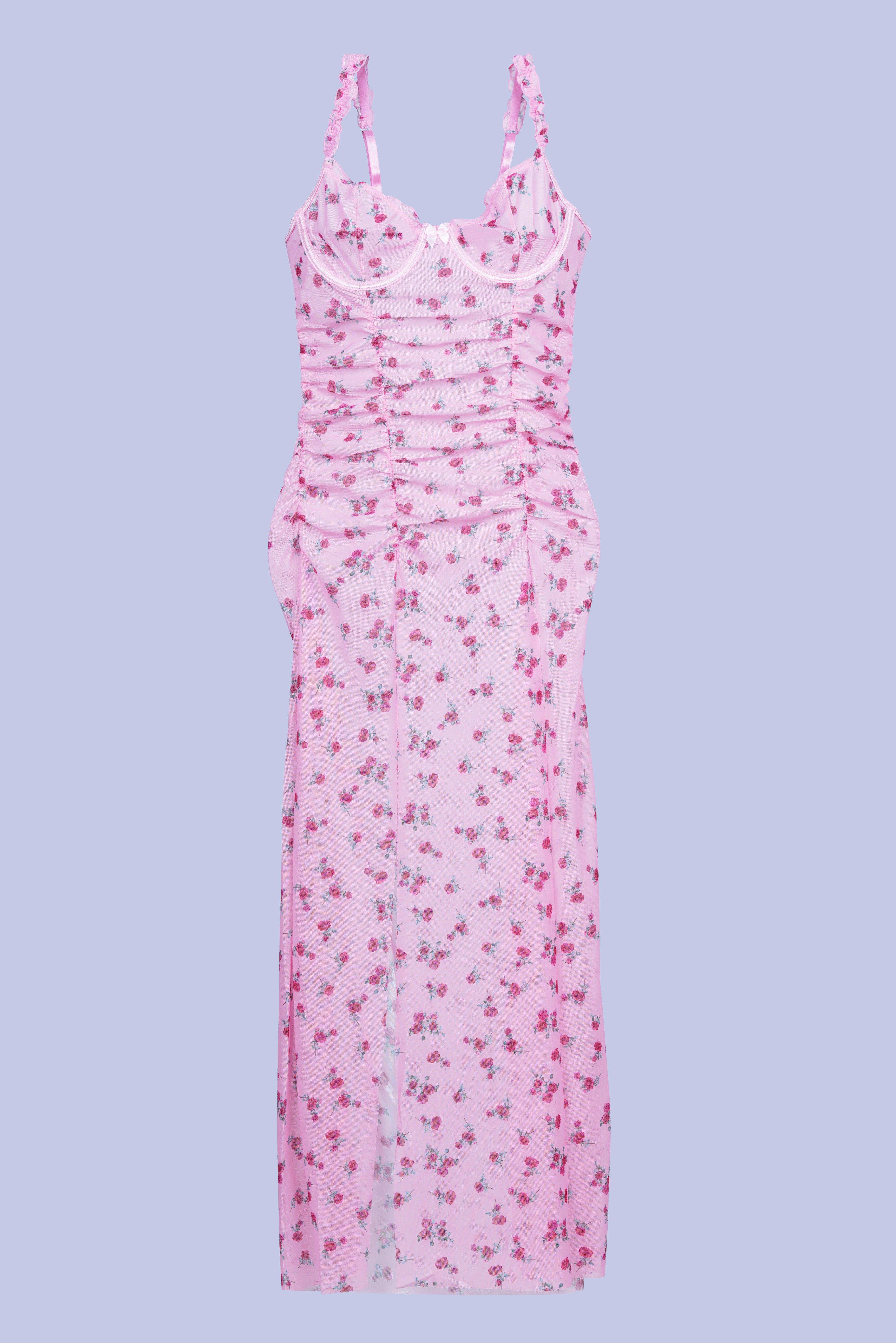 AXTZH Elegant Floral Slit Long Nightwear Dress for Women X2924-PINPR-F2N