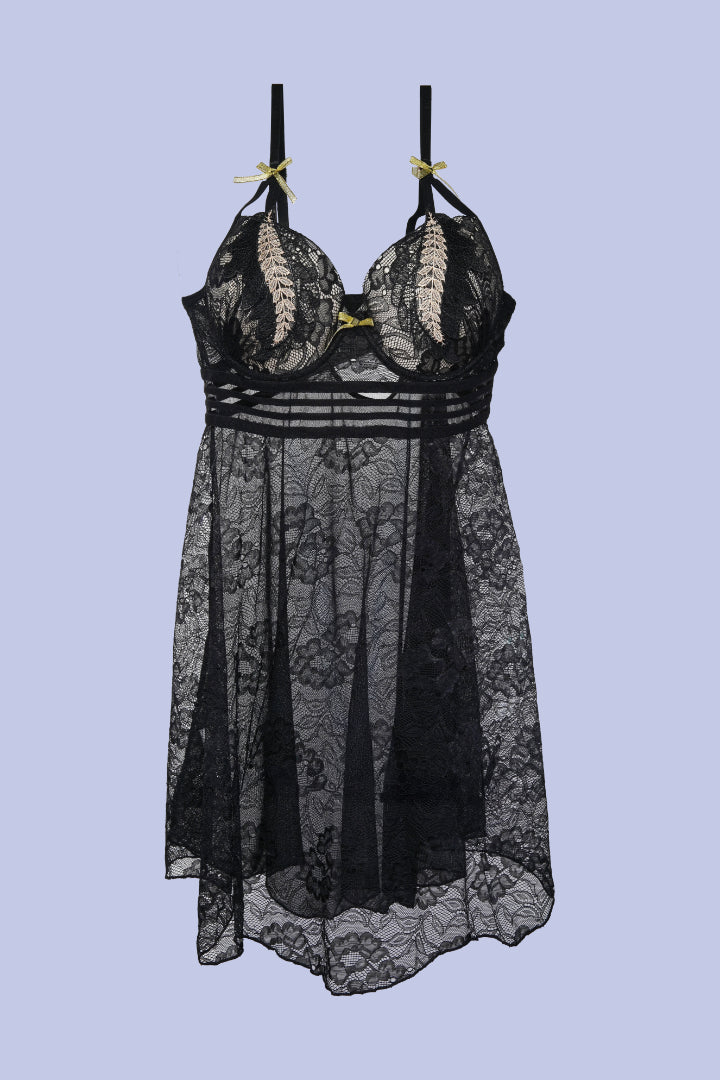 AXTZH 2-Piece Sexy Nightwear for Women with Sheer Lace Design and Elegant Detailing X3009-BLACK-F1N