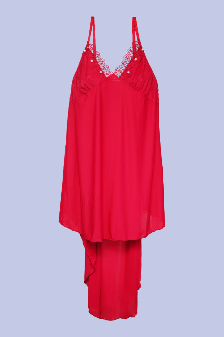 AXTZH Women’s Luxury Nightwear with Lace Trim, Satin Tie, and Semi-Sheer Flowing Design X0003-CRIMSON-F12M