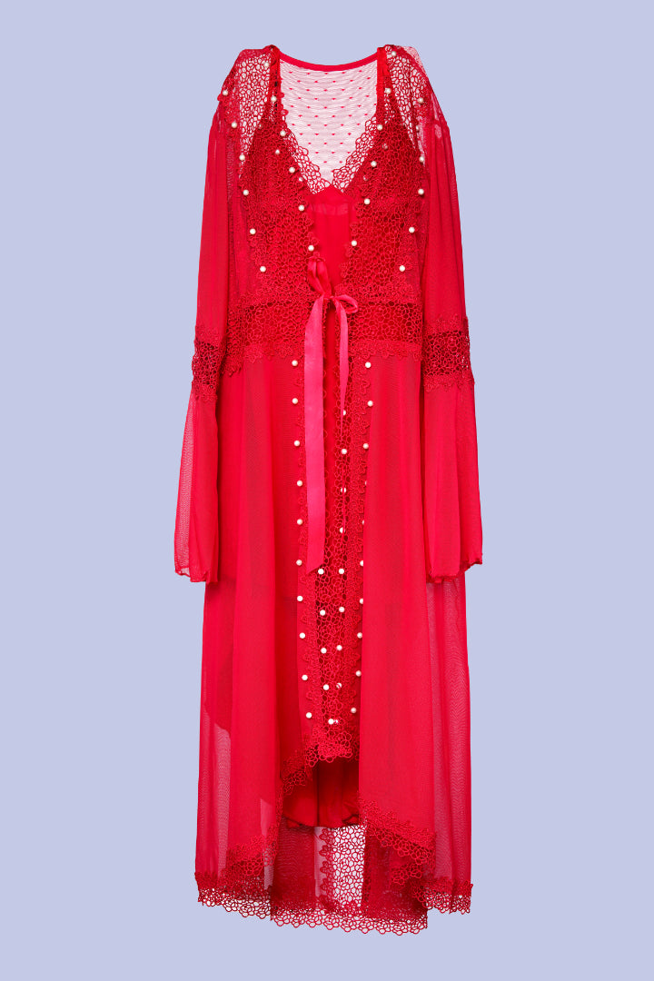 AXTZH Women’s Luxury Nightwear with Lace Trim, Satin Tie, and Semi-Sheer Flowing Design X0003-CRIMSON-F12M