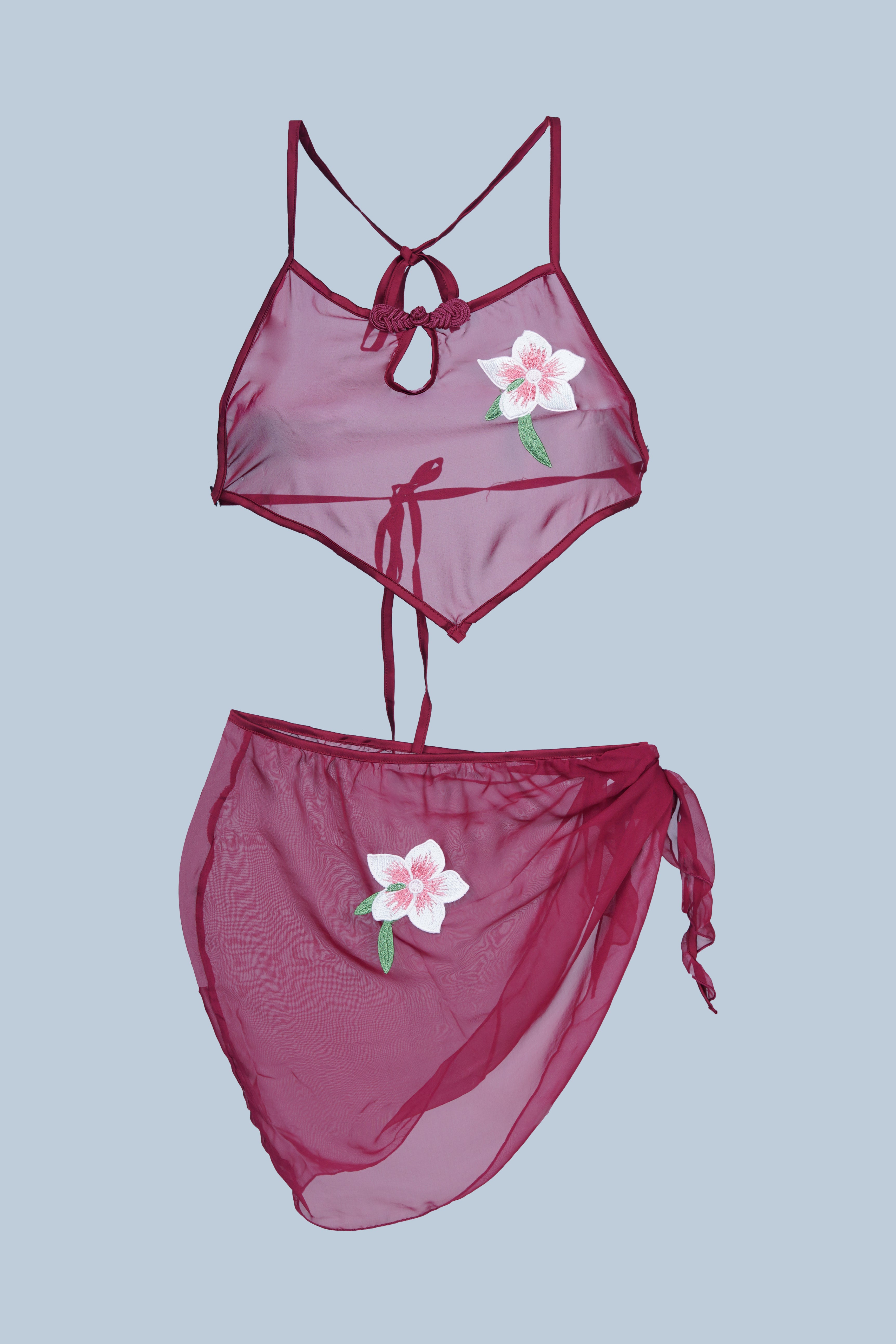 AXTZH NIGHTWEAR Three-piece set: halter bralette, matching bottom, and wrap X7043-SCARLET-BIK3PN