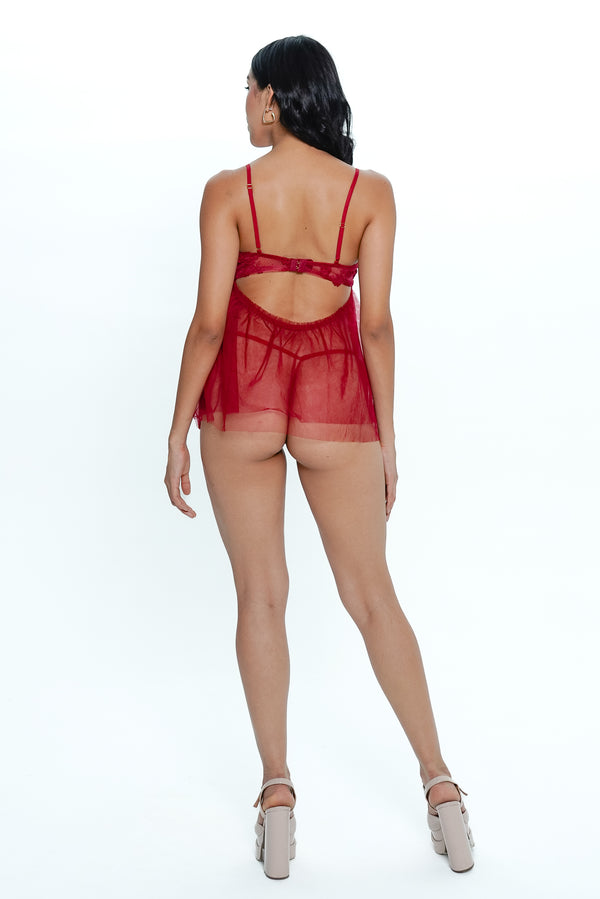 AXTZH Sheer Lace Cut-Out Nightwear Dress X6067-SCARLET-SF1N