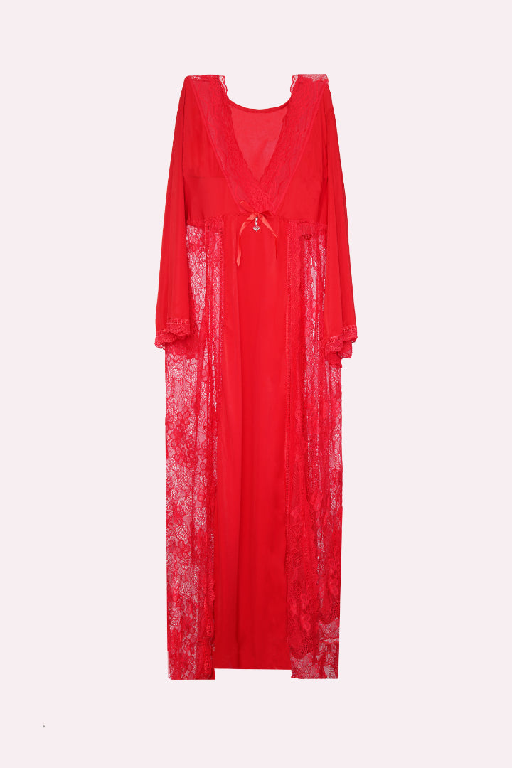 AXTZH Romantic Nightwear Set for Women with Sheer Longline Robe and Lace Accents X3493-RED-F2M