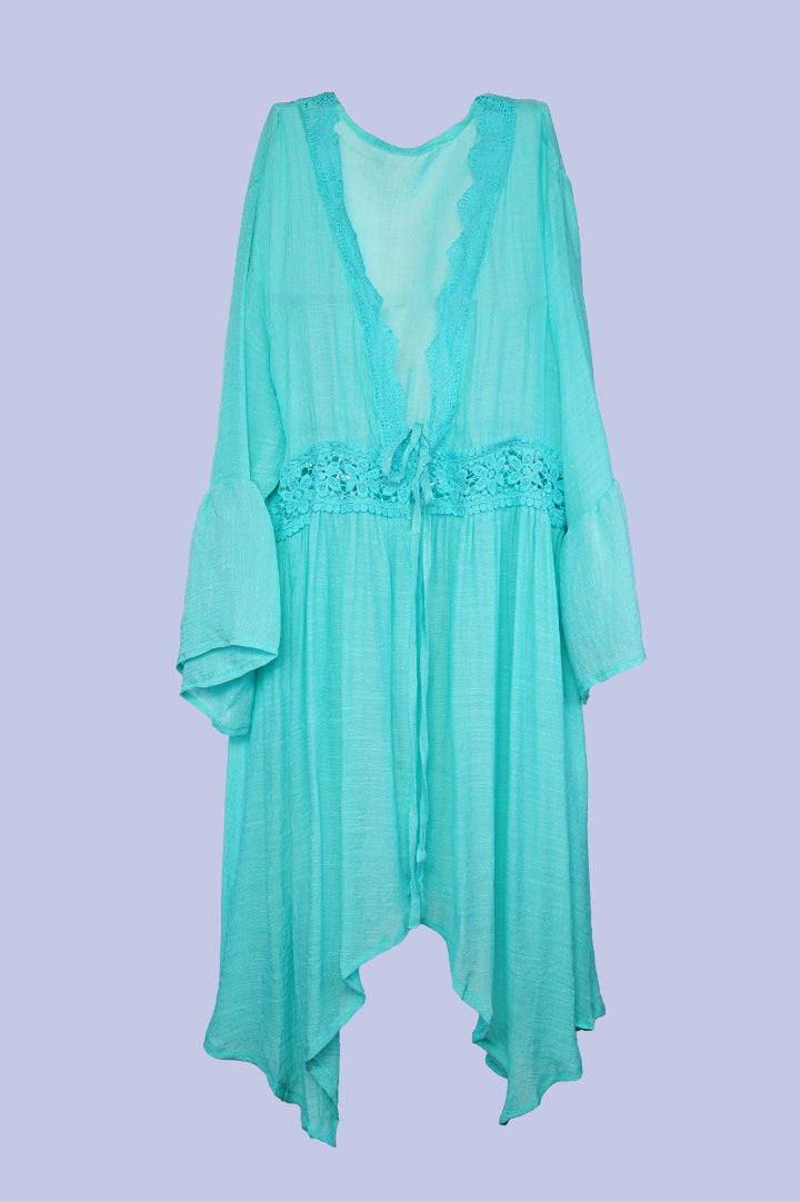 AXTZH Flowing Sarong-Inspired Beachwear Dress with Bell Sleeves and Tie-Up Waist X0629-SGREEN-SNGA2