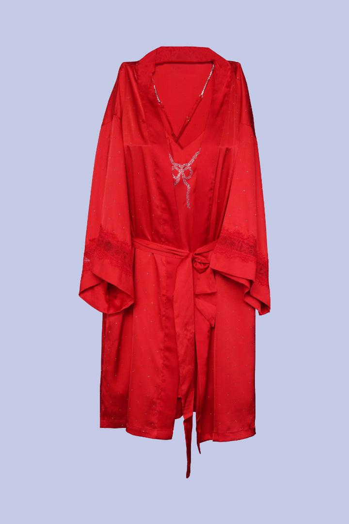 AXTZH Women’s Luxurious Nightwear Set with Soft Satin Dress and Relaxed Fit Robe X0015-CRIMSON-F11S
