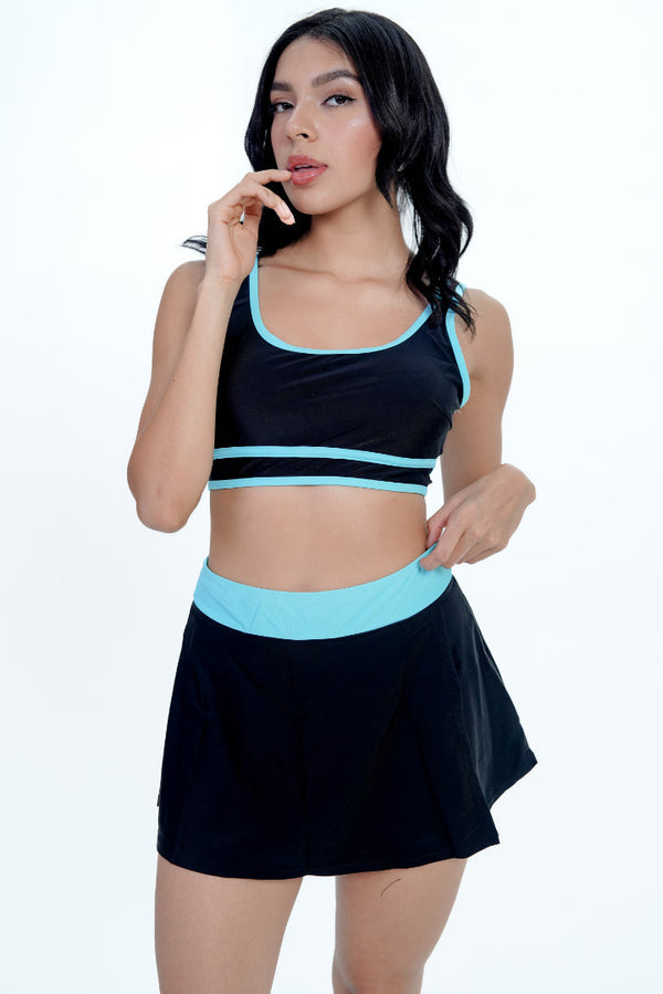 AXTZH Sporty Scoop-Neck Swim Set with Flared Skirt X2514-BLKBU-2PF