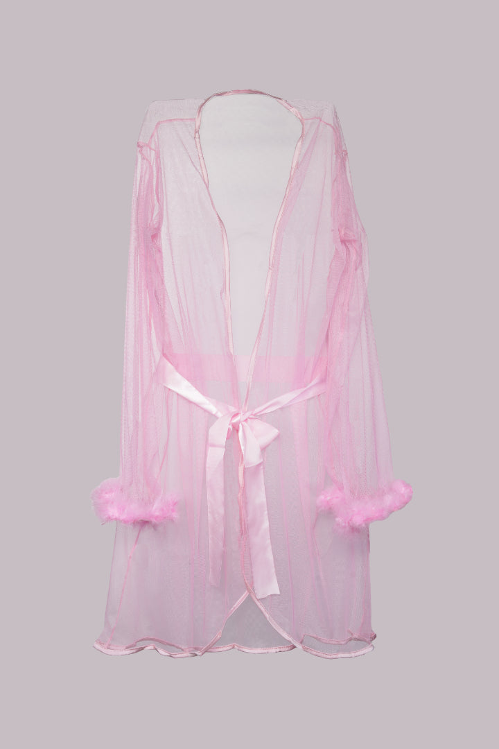 AXTZH Elegant One-Piece Nightwear for Women with Sheer Detailing and Satin Tie Belt X3348-NPINK-H1N