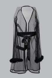 AXTZH Elegant One-Piece Nightwear for Women with Sheer Detailing and Satin Tie Belt X3348-BLACK-H1N