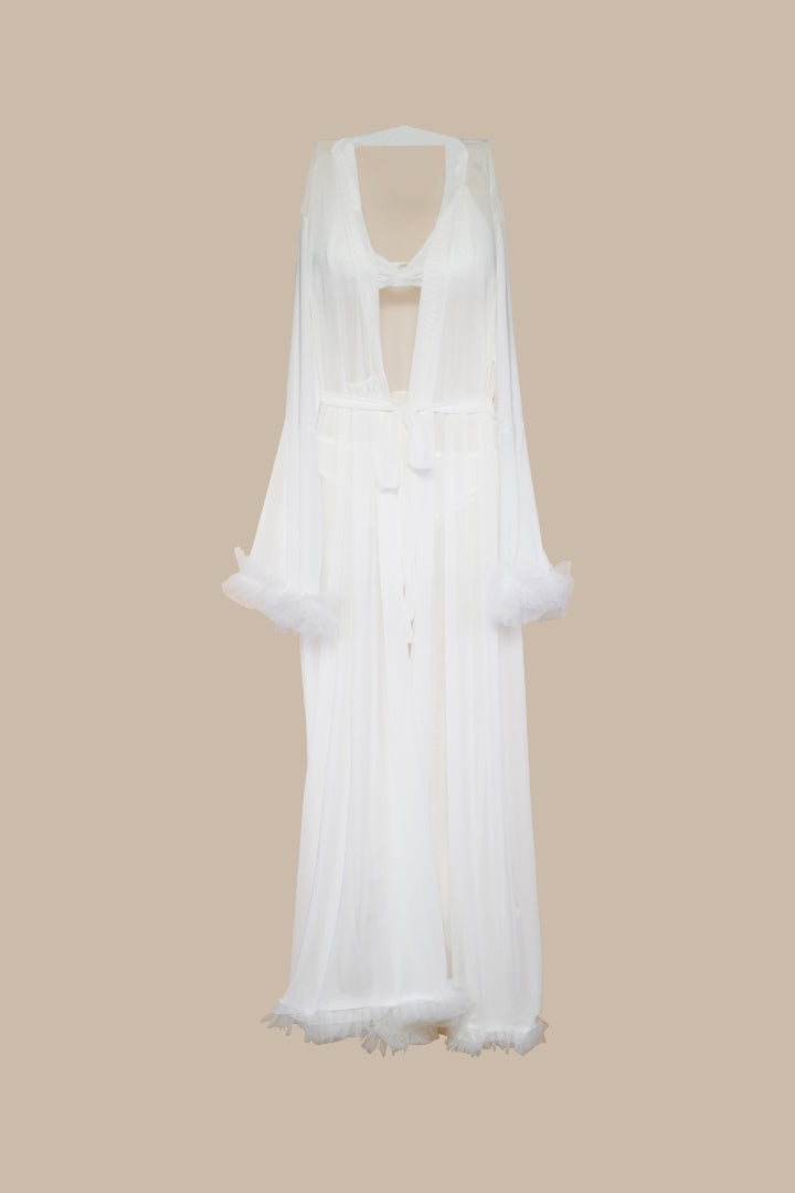 AXTZH Elegant Three-Piece Nightwear Set with Flowing Sheer Robe, Matching Belt, and Intimate Inner Layer X0330-WHITE-BIK3PN