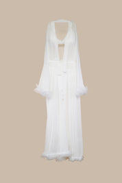 AXTZH Elegant Three-Piece Nightwear Set with Flowing Sheer Robe, Matching Belt, and Intimate Inner Layer X0330-WHITE-BIK3PN