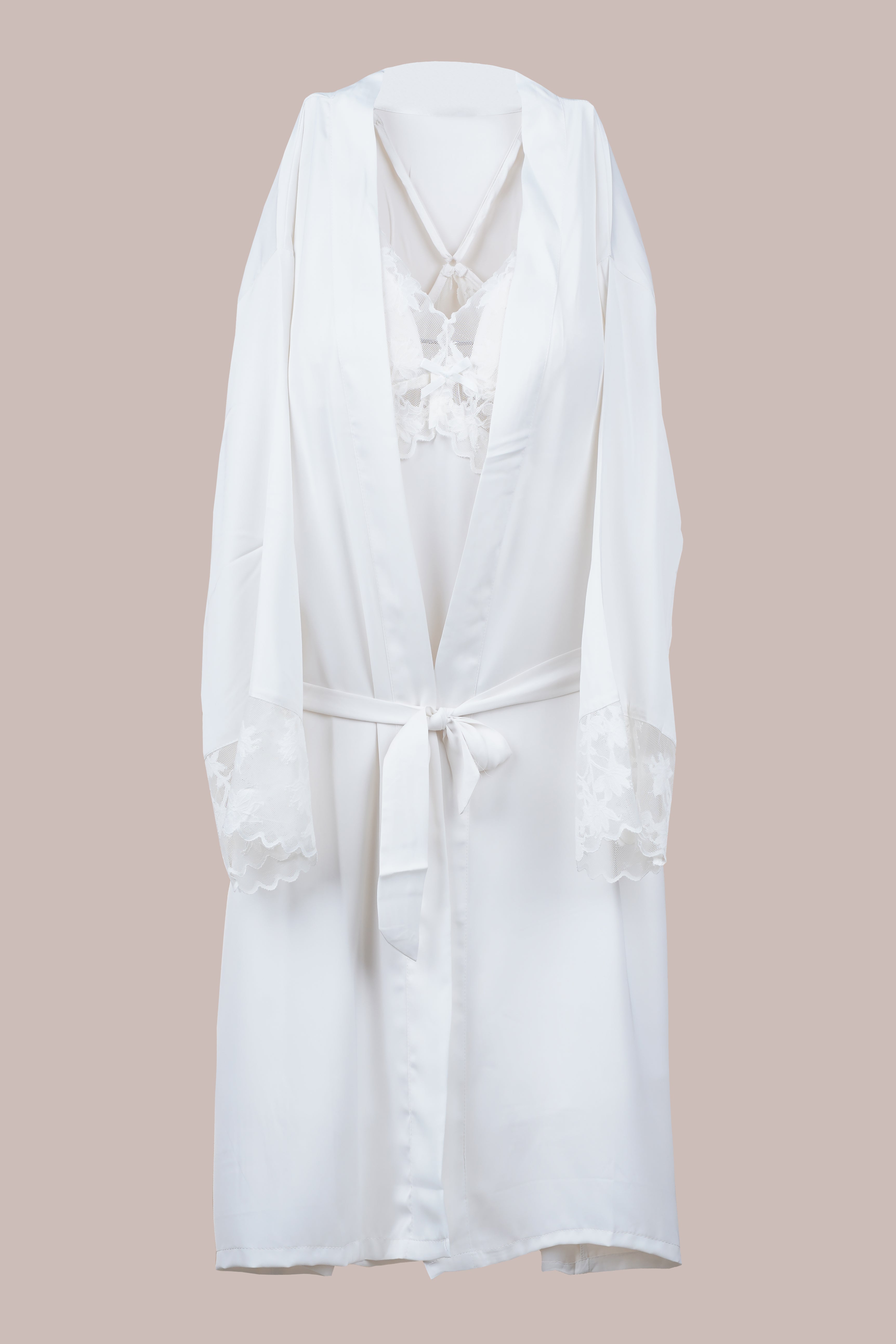 AXTZH Two-Piece Nightwear Set with Elegant Lace-Trimmed Robe and Matching Slip Dress for Women X2501-IVORY-F11S