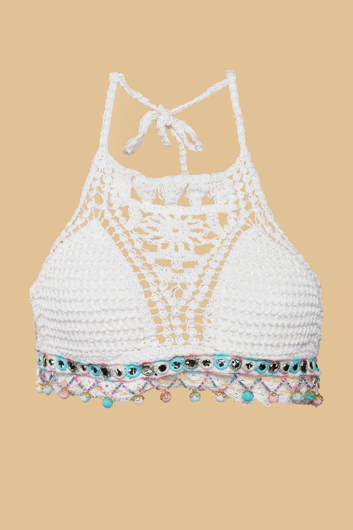 AXTZH Boho-Inspired Crochet Beachwear Crop Top for Women Perfect for Vacations and Poolside Looks X0169-WHITE7-BW1PBL