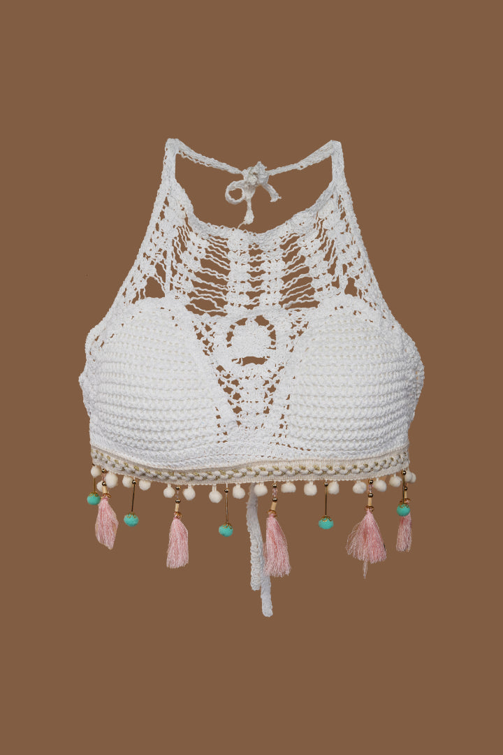 AXTZH Boho-Inspired Crochet Beachwear Crop Top for Women Perfect for Vacations and Poolside Looks X0169-WHITE2-BW1PBL