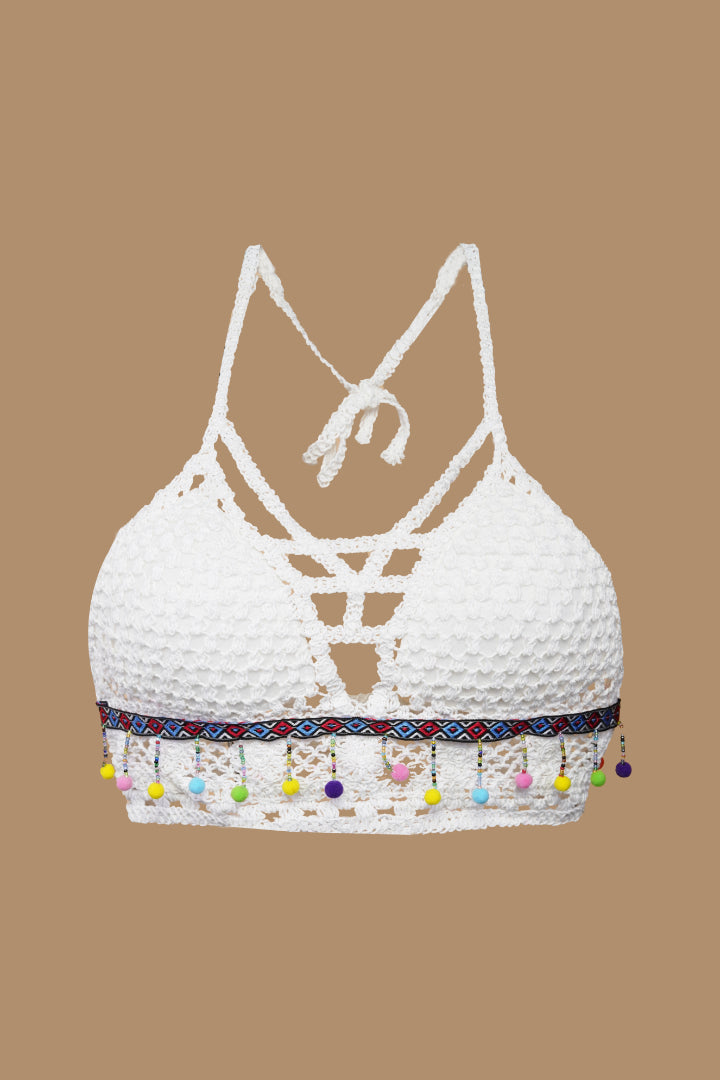 AXTZH Boho-Inspired Crochet Beachwear Crop Top for Women Perfect for Vacations and Poolside Looks X0169-WHITE4-BW1PBL