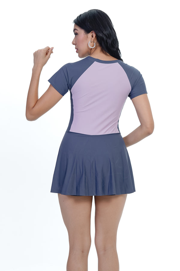 AXTZH Zip & Splash One-Piece Swim Dress X5008-MAUVE-WFFZ5