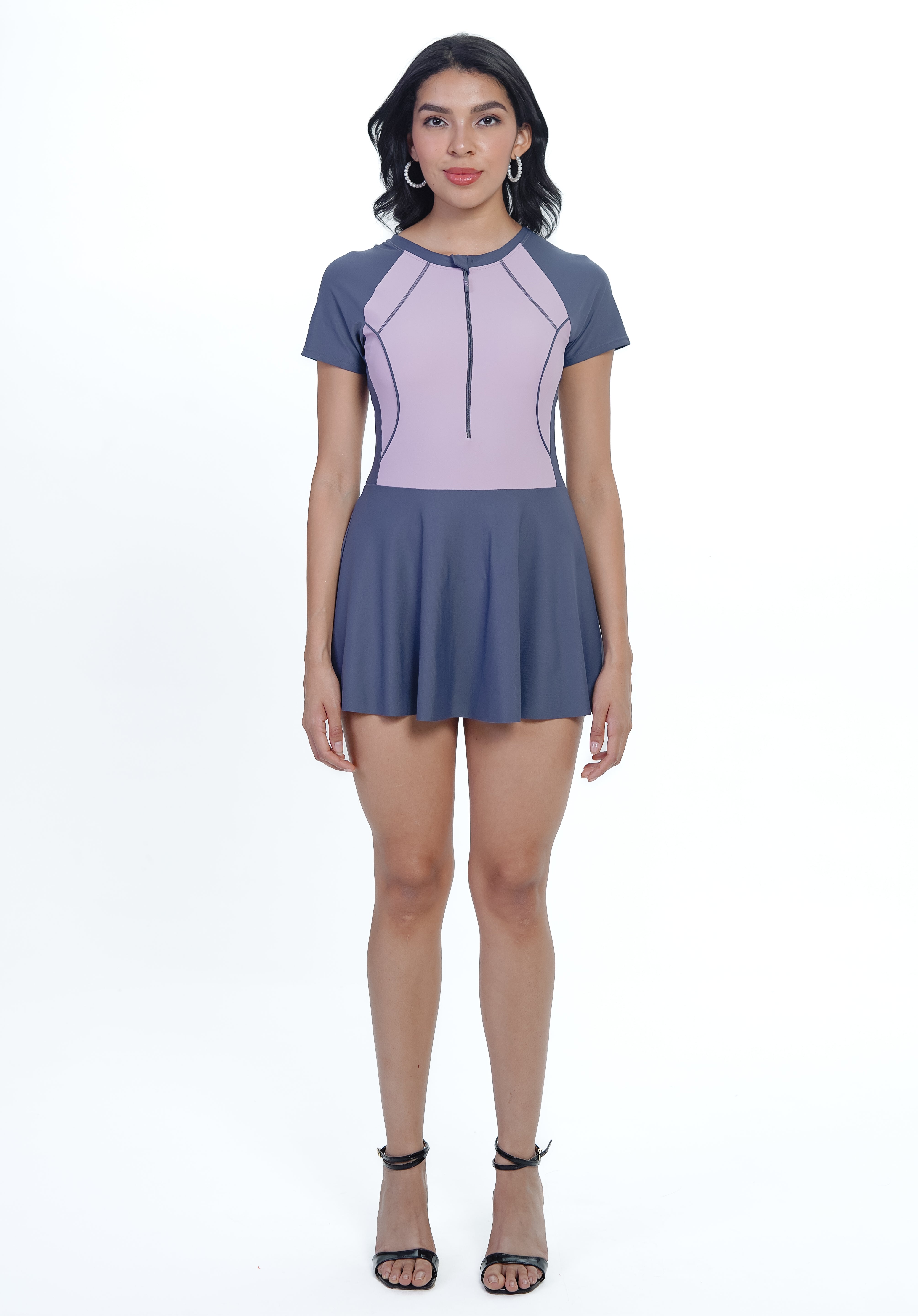 AXTZH Zip & Splash One-Piece Swim Dress X5008-MAUVE-WFFZ5