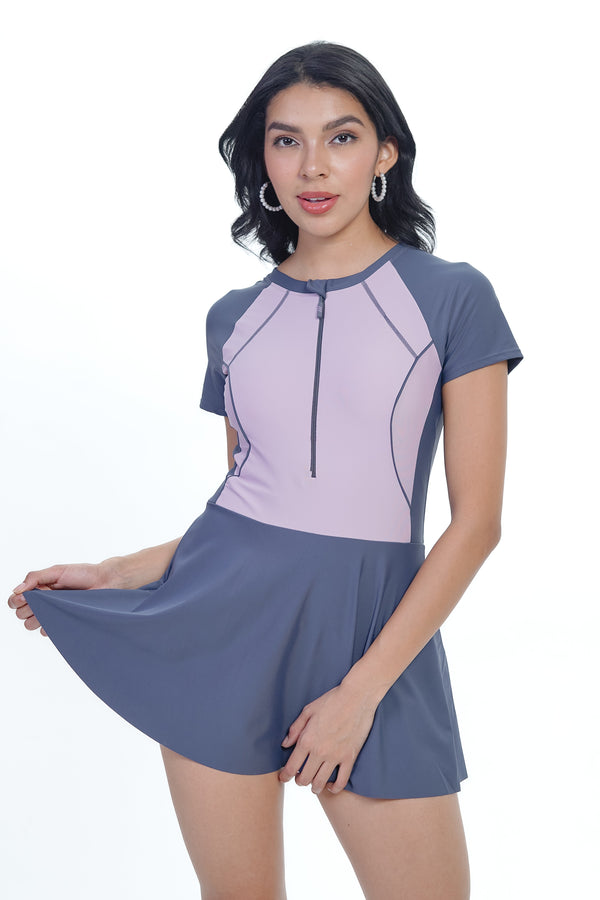 AXTZH Zip & Splash One-Piece Swim Dress X5008-MAUVE-WFFZ5