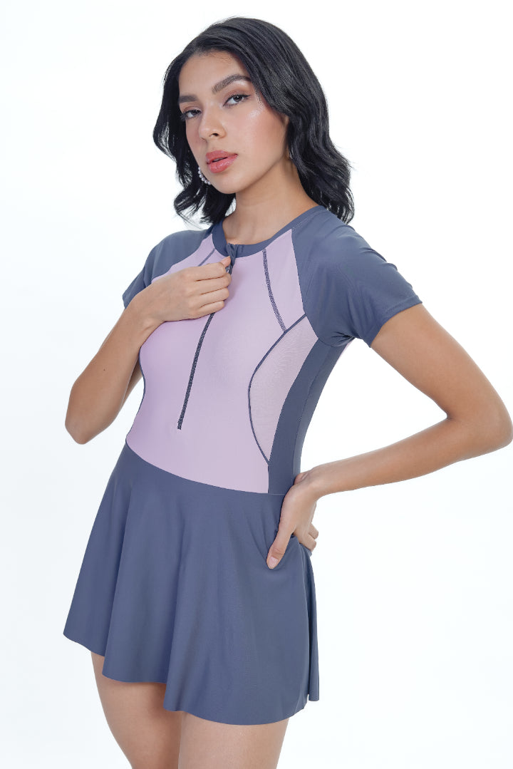 AXTZH Zip & Splash One-Piece Swim Dress X5008-MAUVE-WFFZ5