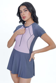 AXTZH Zip & Splash One-Piece Swim Dress X5008-MAUVE-WFFZ5