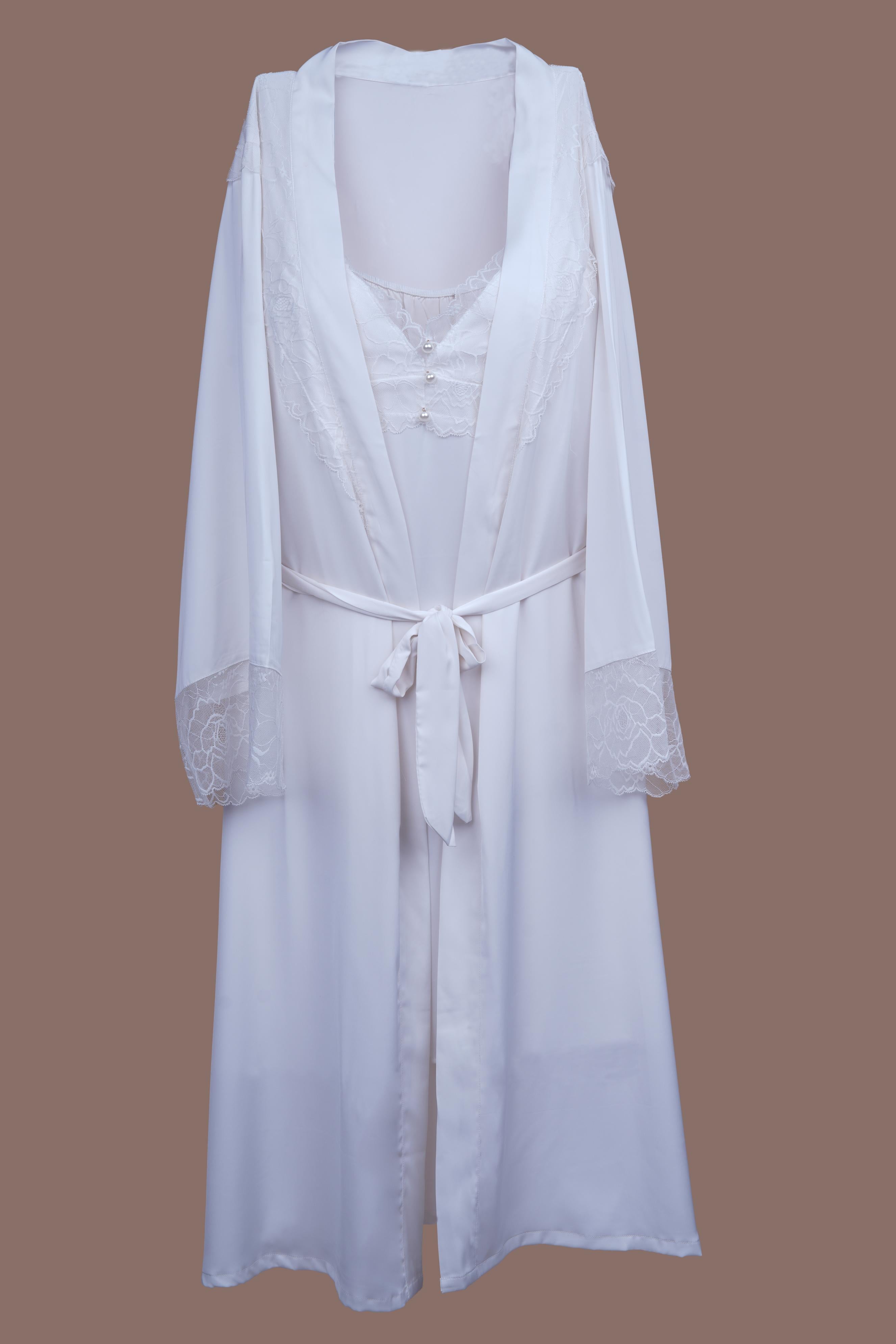 AXTZH 2-Piece Satin Nightwear Set with Lace Detail and Matching Robe for Women X2503-IVORY-F12S