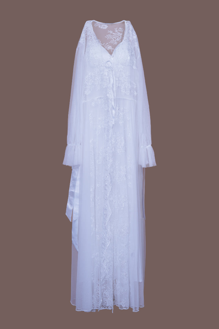 AXTZH Two-Piece Nightwear Set for Women with Elegant Robe and Inner Slip Dress X3009-WHITE-F22S