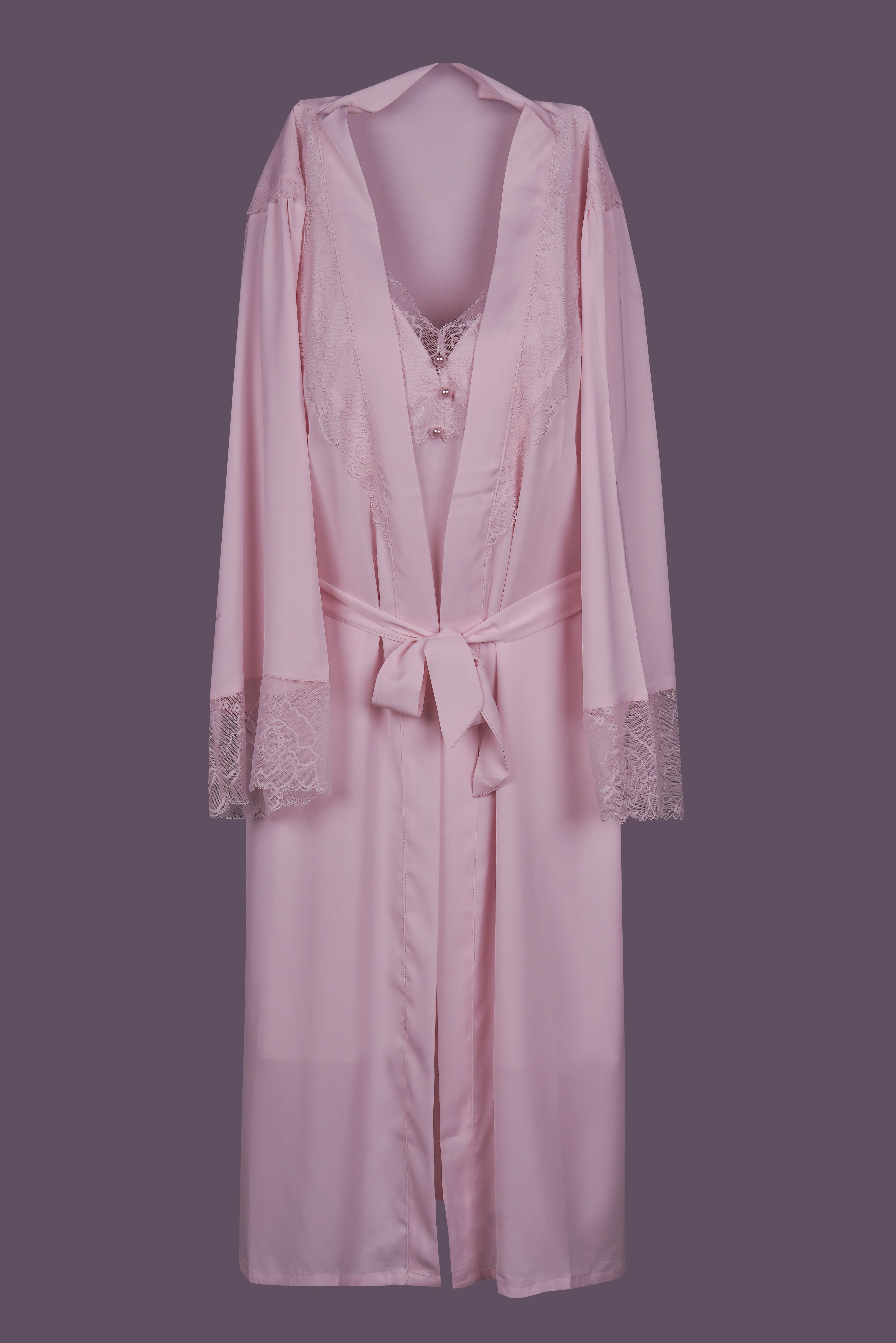 AXTZH 2-Piece Satin Nightwear Set with Lace Detail and Matching Robe for Women X2503-BLUSH-F12S
