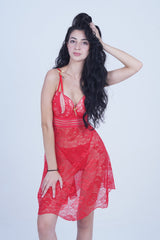 AXTZH 2-Piece Sexy Nightwear for Women with Sheer Lace Design and Elegant Detailing X3009-SCARLET-F1N
