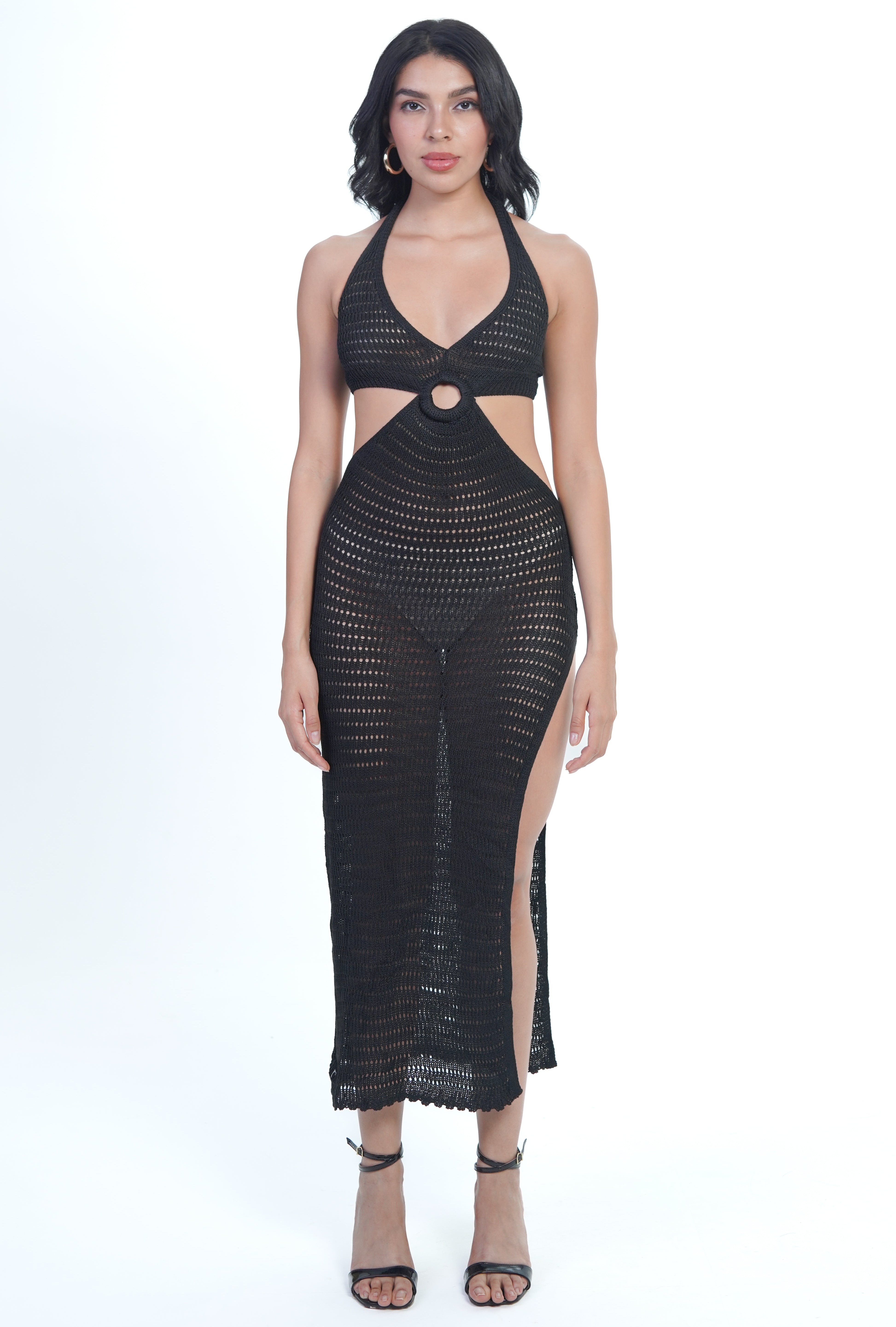 AXTZH One-Piece Knit Beachwear Dress X0410-BLACK-BW1PF