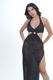 AXTZH One-Piece Knit Beachwear Dress X0410-BLACK-BW1PF