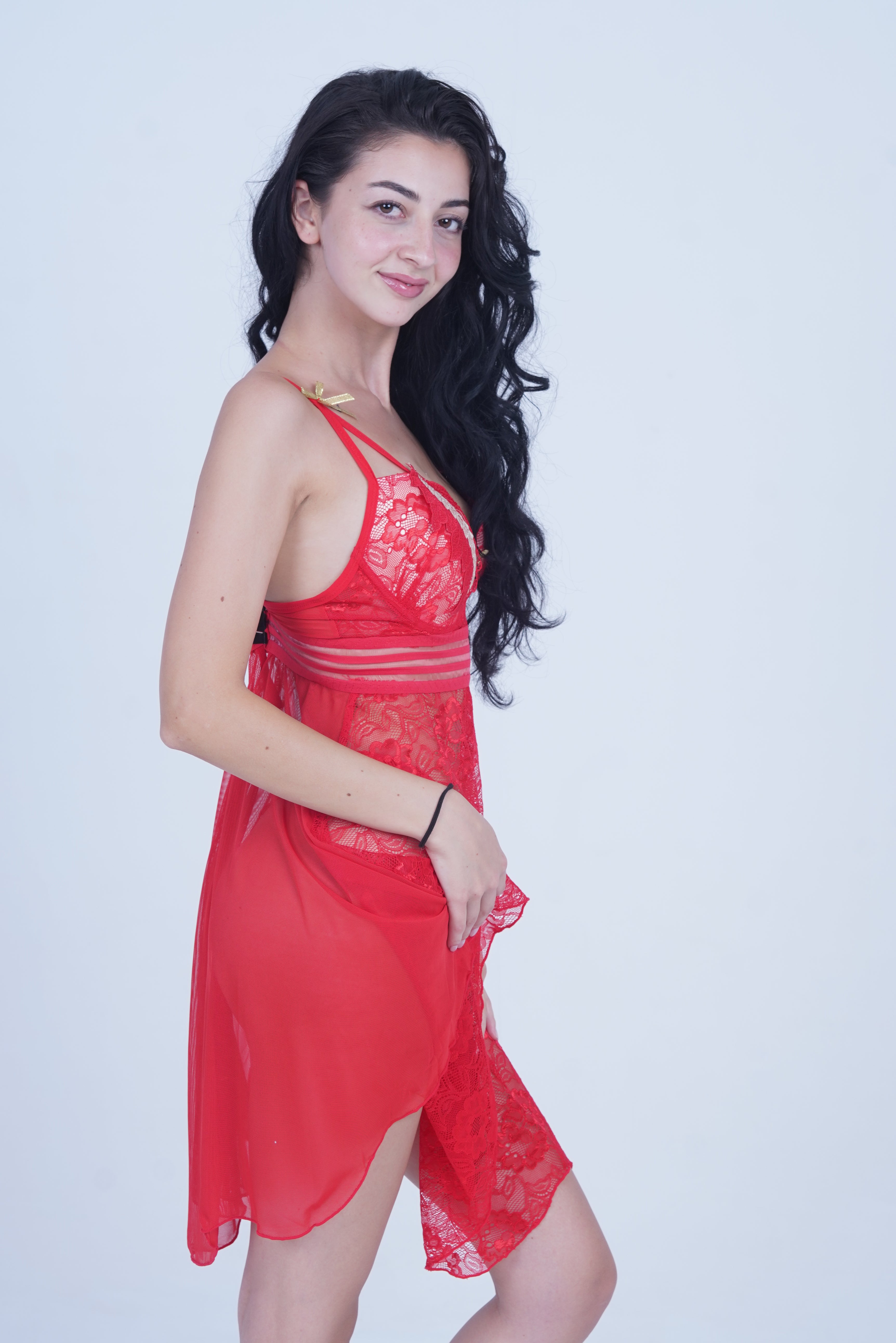 AXTZH 2-Piece Sexy Nightwear for Women with Sheer Lace Design and Elegant Detailing X3009-SCARLET-F1N