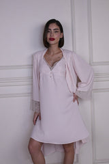 AXTZH 2-Piece Satin Nightwear Set with Lace Detail and Matching Robe for Women X2503-BLUSH-F12S