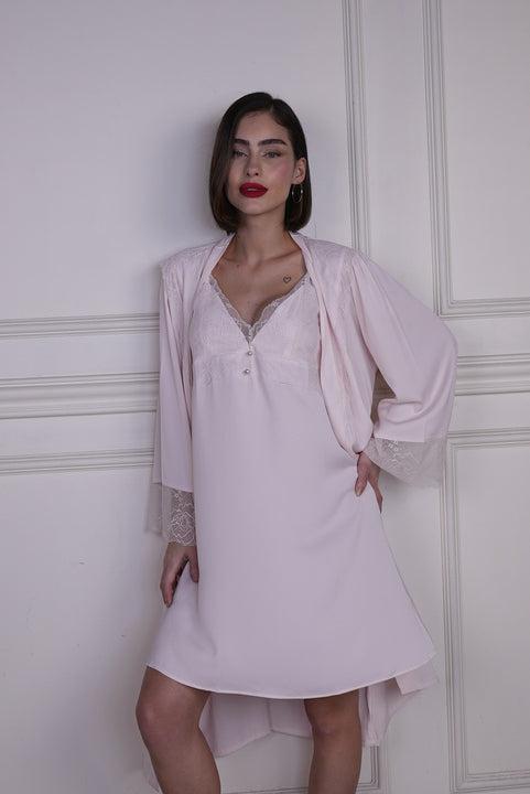 AXTZH 2-Piece Satin Nightwear Set with Lace Detail and Matching Robe for Women X2503-BLUSH-F12S