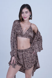 AXTZH Stylish 3-Piece Sexy Nightwear Set with Top, Matching Bottoms, and Sheer Cover-Up for Women X2596-LEOPR-NSS3PS