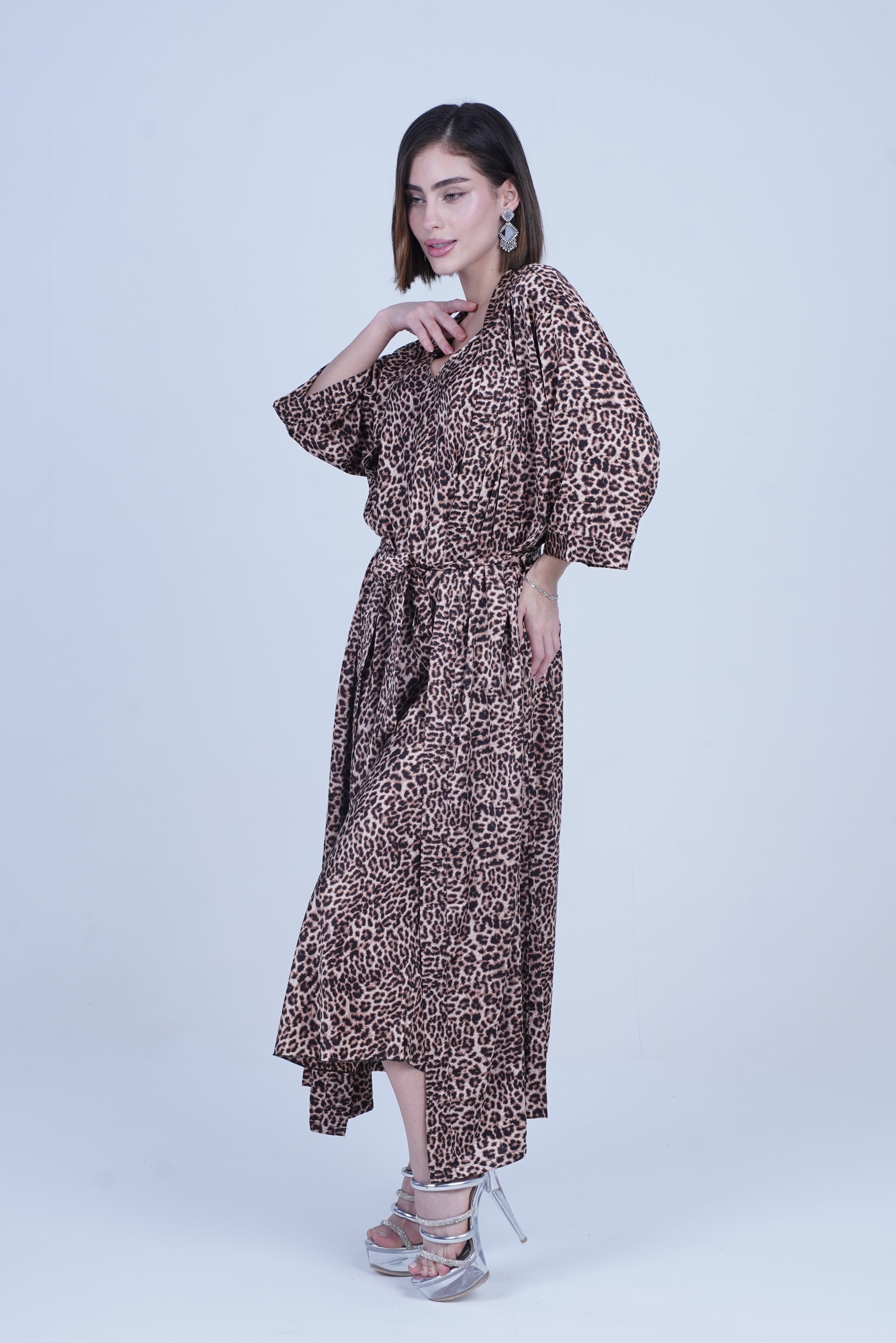 AXTZH  Elegant Two-Piece Women’s Nightwear Set with Flowing Robe and Matching Slip X2128-LEOPR-F12S