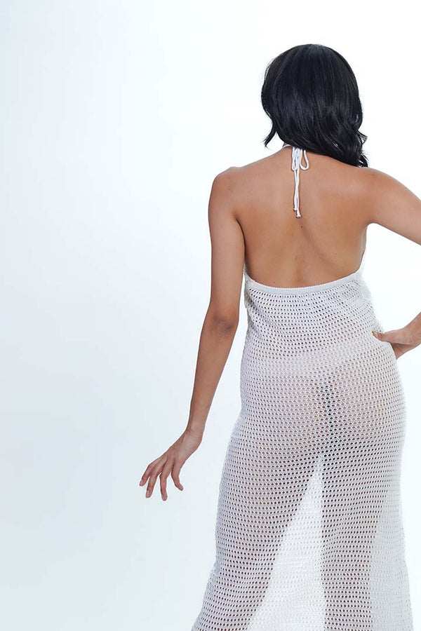 AXTZH White Crochet Halter Beachwear Dress X0105-WHITE-BW1PF