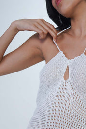 AXTZH White Crochet Halter Beachwear Dress X0105-WHITE-BW1PF