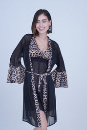 AXTZH Bold Two-Piece Women’s Nightwear Set with Sheer Robe and Matching Inner Dress X8801-BLKLEO-F11N