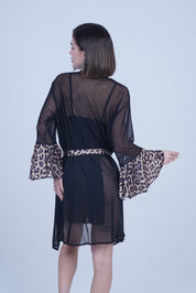 AXTZH Bold Two-Piece Women’s Nightwear Set with Sheer Robe and Matching Inner Dress X8801-BLKLEO-F11N