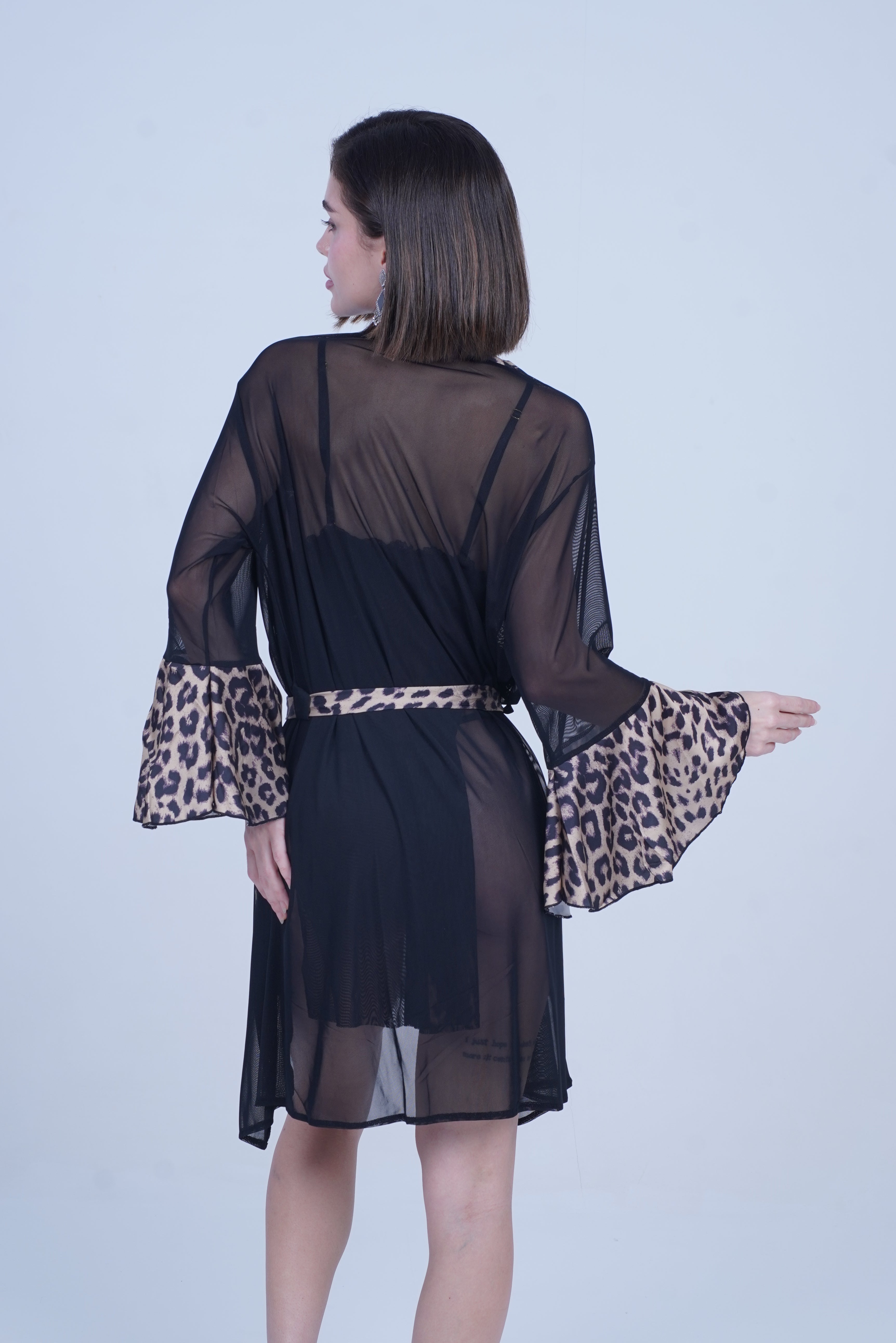 AXTZH Bold Two-Piece Women’s Nightwear Set with Sheer Robe and Matching Inner Dress X8801-BLKLEO-F11N