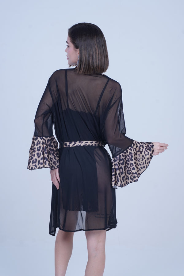 AXTZH Bold Two-Piece Women’s Nightwear Set with Sheer Robe and Matching Inner Dress X8801-BLKLEO-F11N