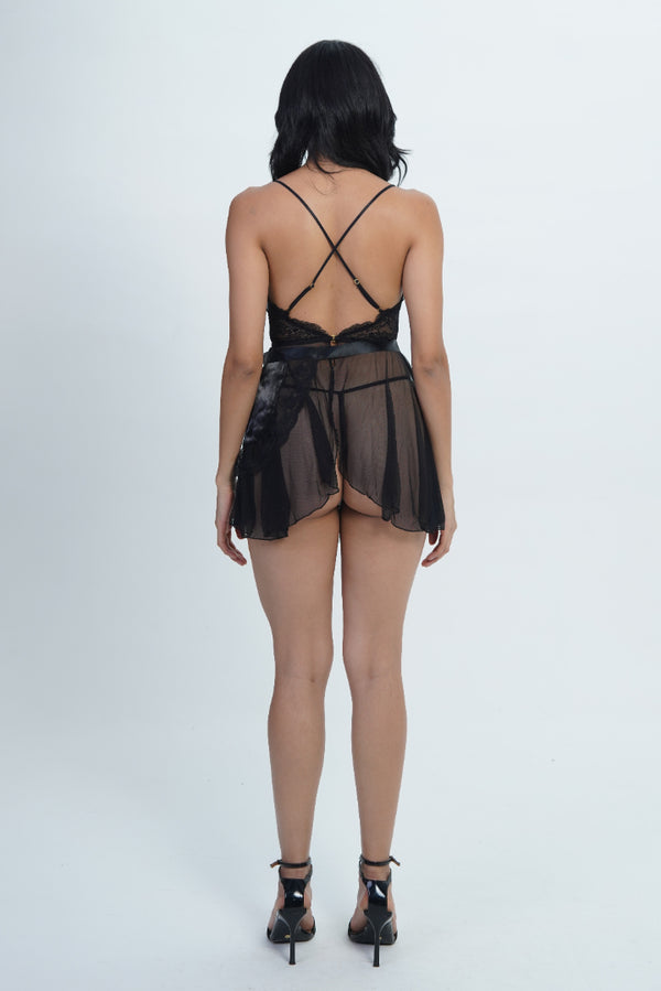 AXTZH Bridal Nightwear with Bustier Style X7028-BLACK-SF1N