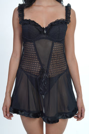 AXTZH Sheer Lace bridal Nightwear with Thong X0997-Black-F1N