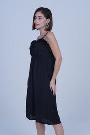 AXTZH Elegant Long Nightwear for Women with Delicate Lace Detailing and Flowing Silhouette X2463-BLACK-F2L