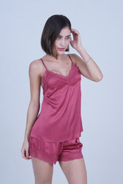 AXTZH Chic 2-Piece Nightwear Set with Strappy Top and Sheer Shorts for Effortless Elegance X2152-ROUGE-A4S