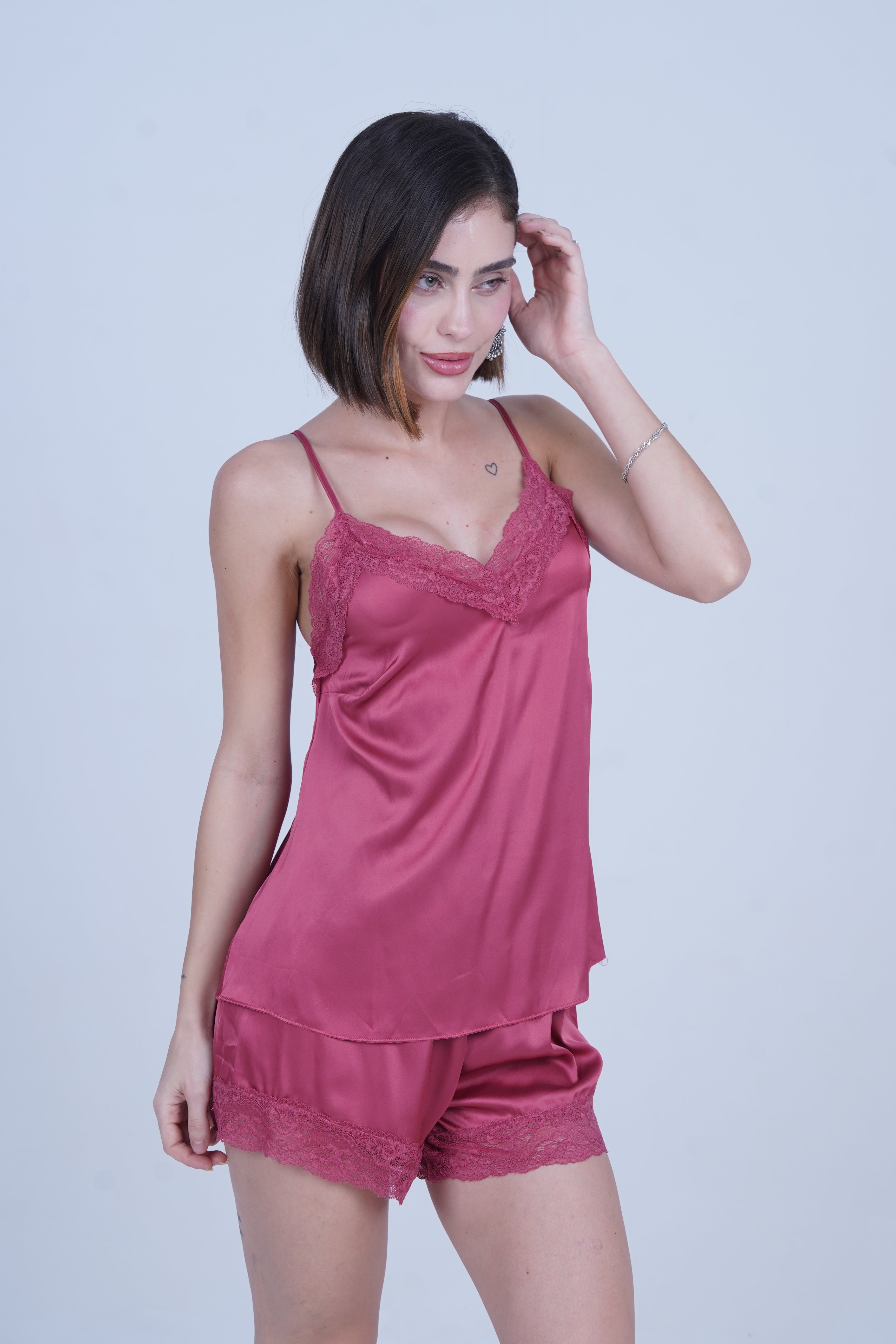 AXTZH Chic 2-Piece Nightwear Set with Strappy Top and Sheer Shorts for Effortless Elegance X2152-ROUGE-A4S