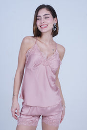 AXTZH Chic 2-Piece Nightwear Set with Strappy Top and Sheer Shorts for Effortless Elegance X2377-ROSE-A4S