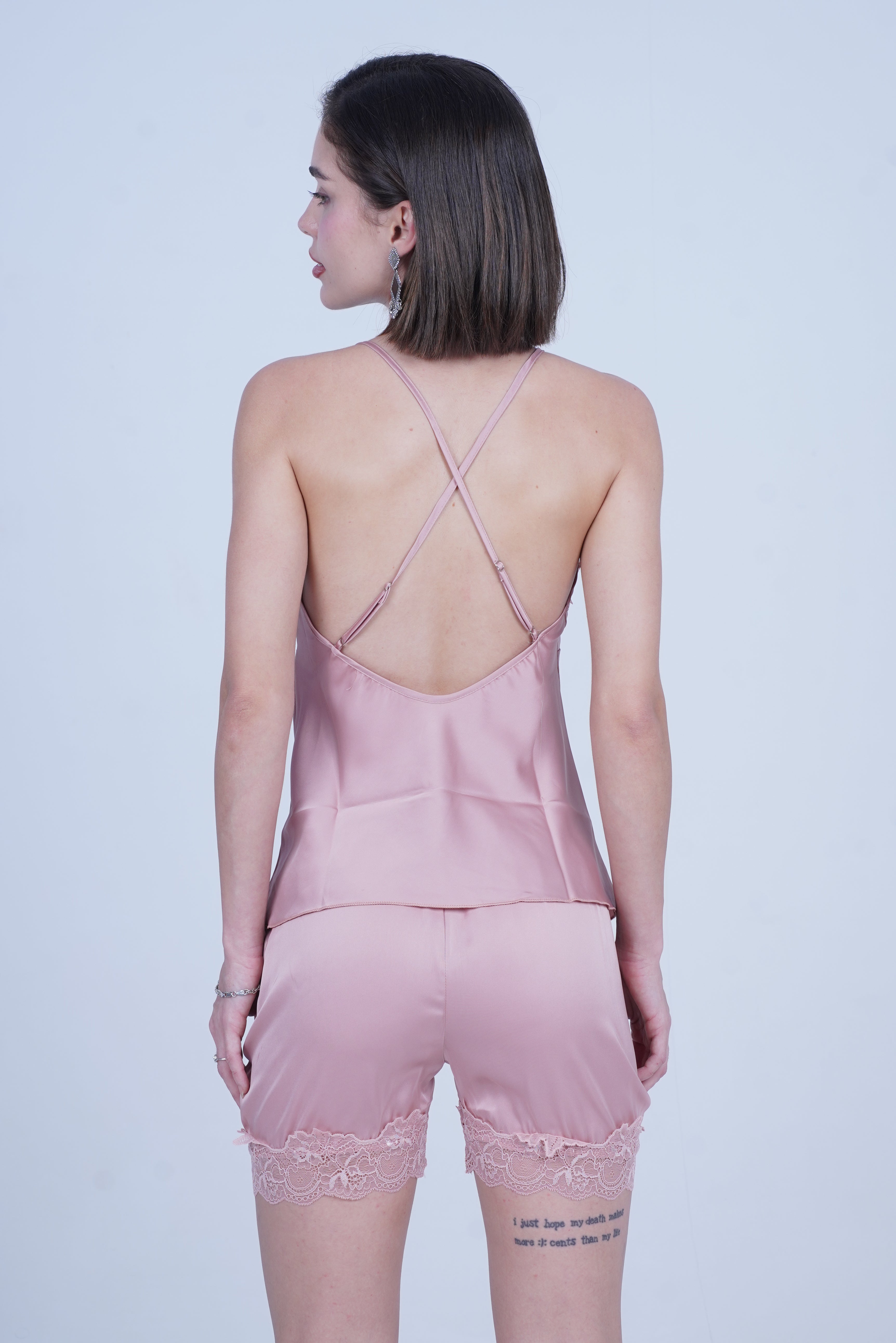 AXTZH Chic 2-Piece Nightwear Set with Strappy Top and Sheer Shorts for Effortless Elegance X2377-ROSE-A4S