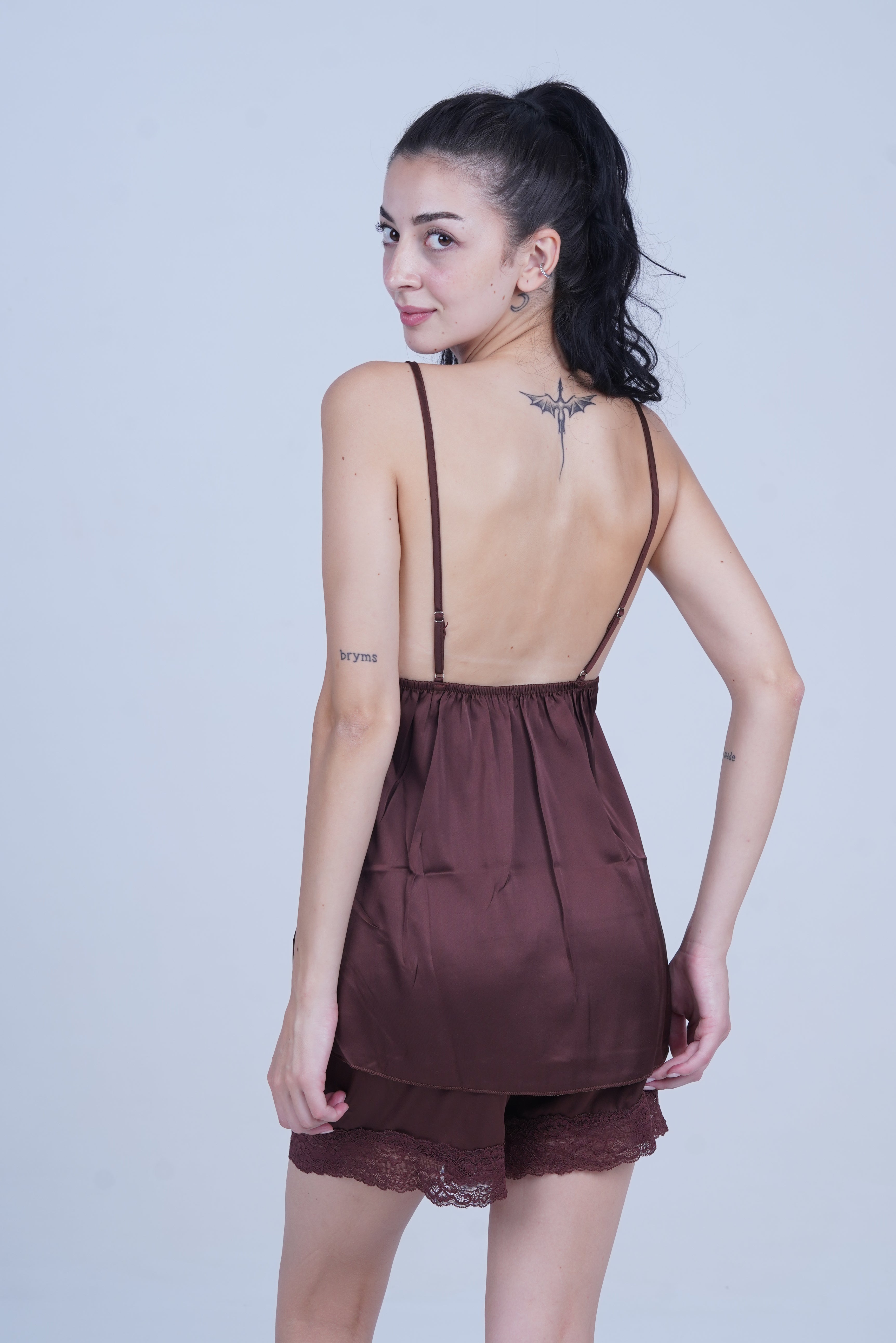 AXTZH Chic 2-Piece Nightwear Set with Strappy Top and Sheer Shorts for Effortless Elegance X2152-MAHOGANY-A4S